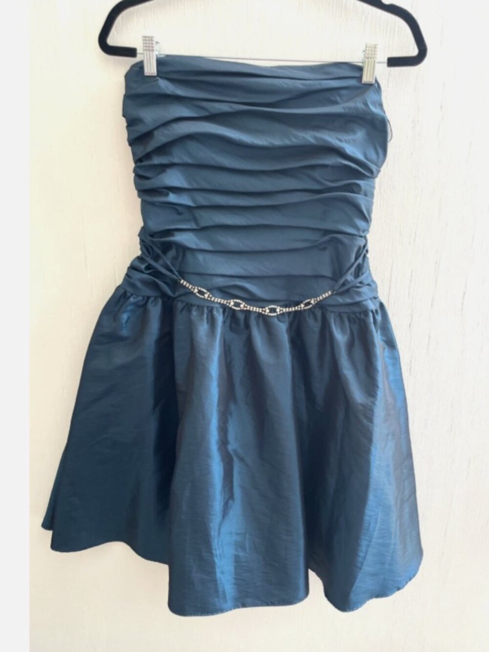 SCOTT MCCLINTOCK Vtg Taffeta Iridescent Strapless Ruched Gown Rhinestone Belt 12